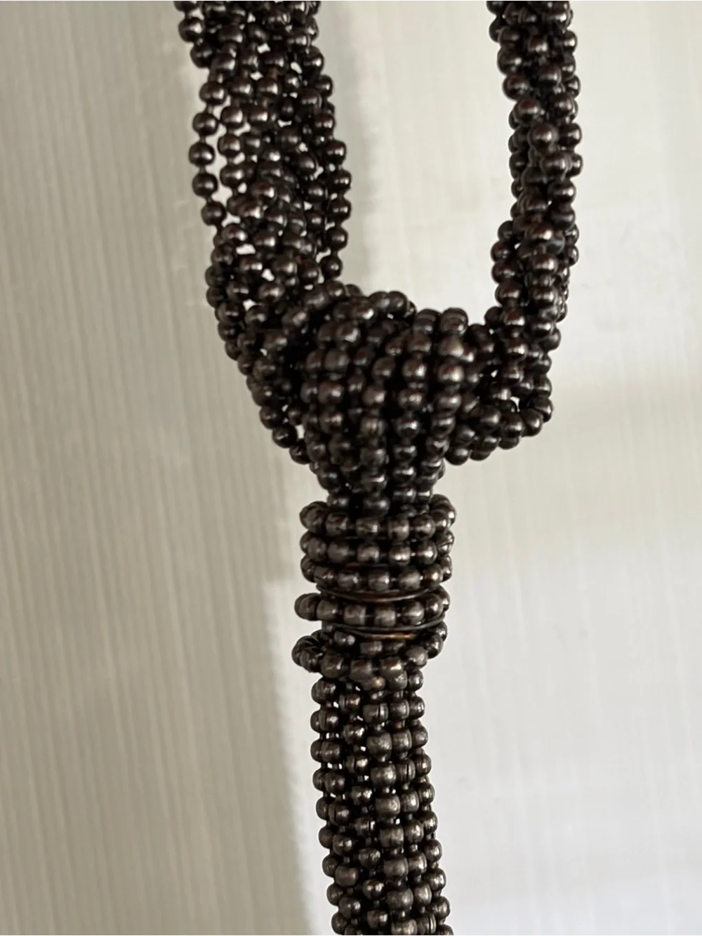Long Gunmetal Beaded Tassel Necklace Braided Tiny Bead Statement 32”